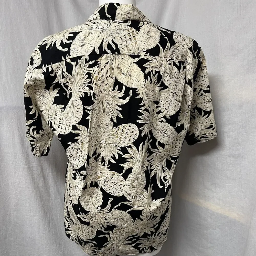 Hilo Hattie Men’s Hawaiian Tiki Shirt Pineapple Black Cream Gold Sz Large
